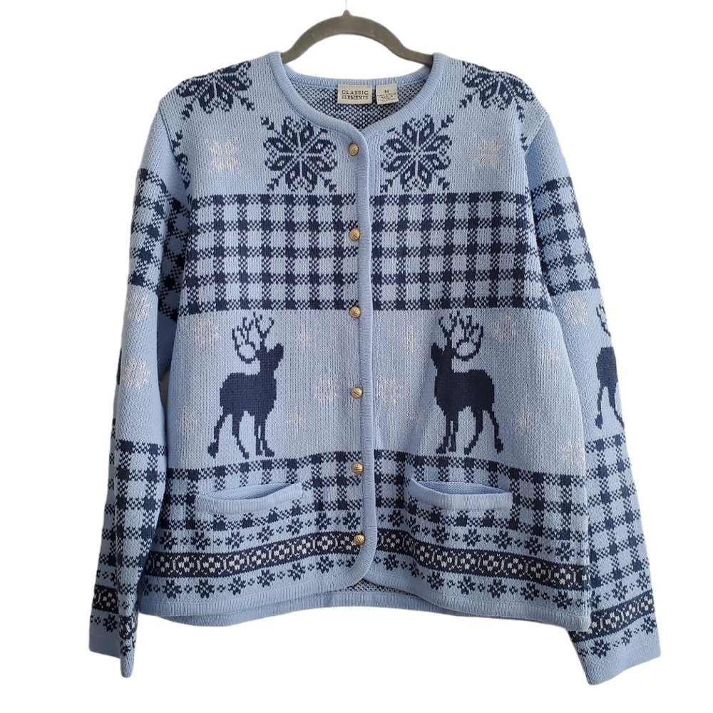 VTG Classic Elements Knit Reindeer Blue Cardigan